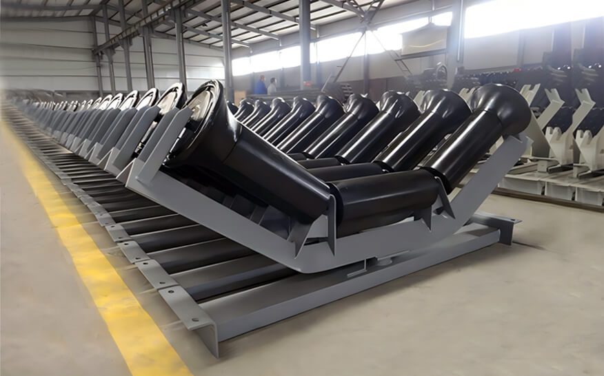 A row of conveyor rollers is positioned in the factory, efficiently transporting materials along the production line.