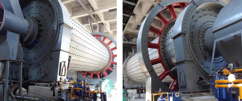 Moinho de bolas de cimento numa fábrica - grande tambor rotativo utilizado para moer clínquer