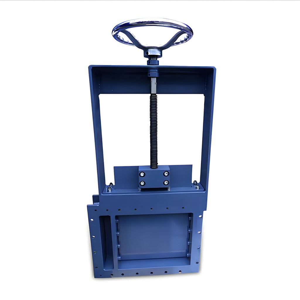Una máquina hidráulica azul con empuñadura, diseñada específicamente para el control manual de un sistema de válvulas de compuerta.