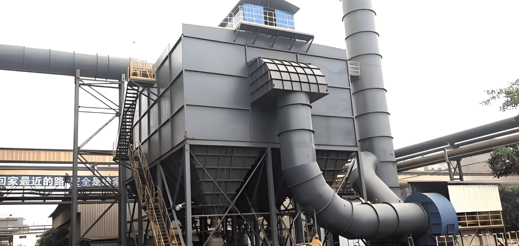 É utilizado na fábrica de cimento um filtro de mangas de jato pulsante, equipado com escadas de manutenção, afastado do ventilador e da conduta de exaustão.