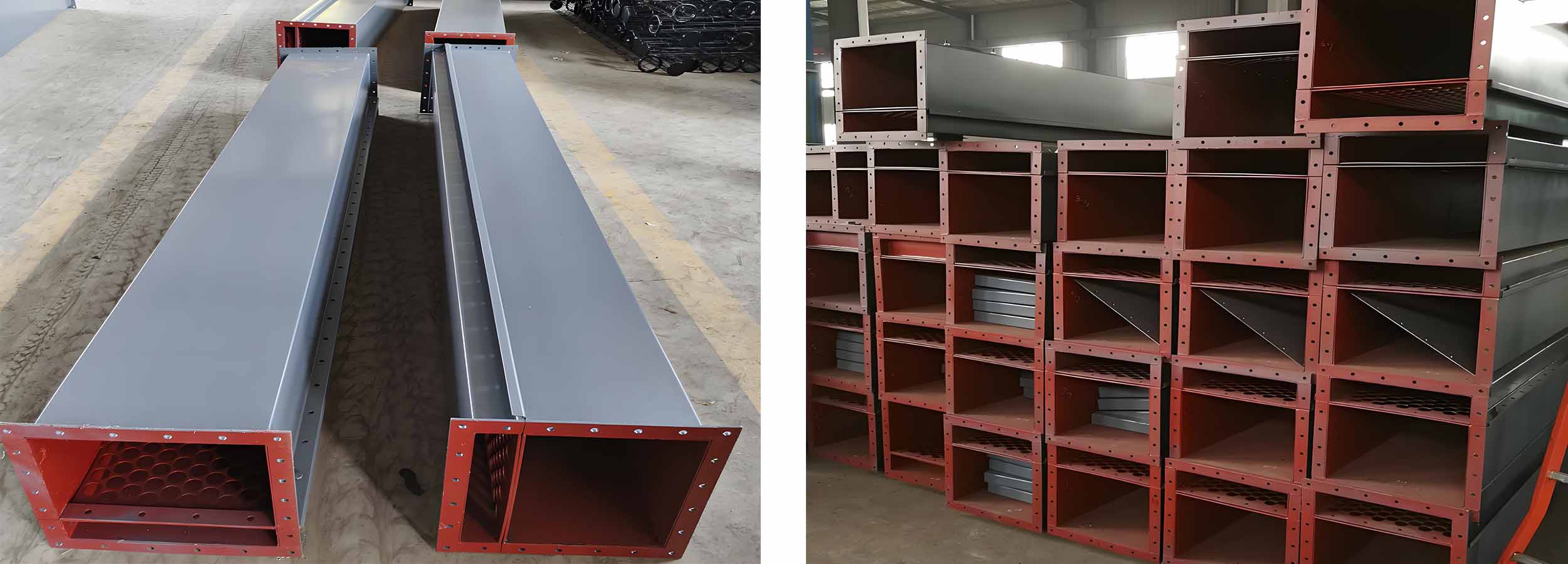 エアスライドコンベヤーの構造と機能を実演するために、大きな金属製の箱がいくつか積み重ねられている。