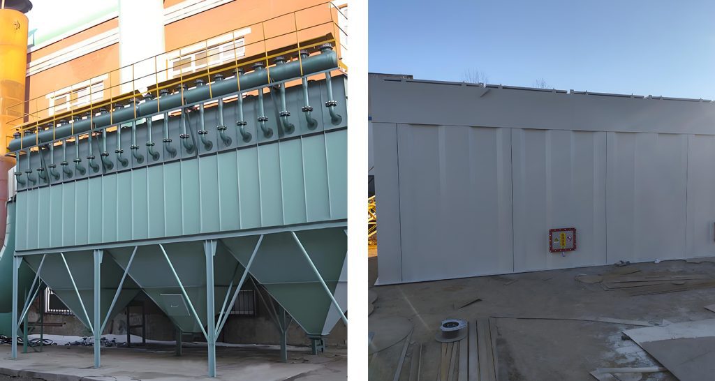 Filtros de mangas de chorro pulsante fuera de línea en un entorno industrial, mostrando su diseño de cámara y su capacidad de captación de polvo.