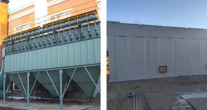 Off-line pulse jet baghouse filters in an industrial setting, showcasing their chambered design and dust collection capabilities.