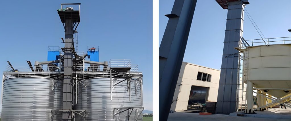 As duas imagens mostram diferentes cenários de aplicação dos elevadores de baldes, realçando a importância do transporte.